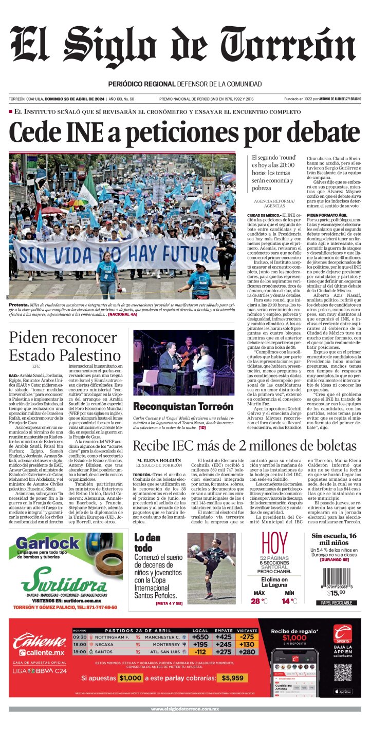 Edición impresa de El Siglo de Torreón, domingo 28 de abril de 2024