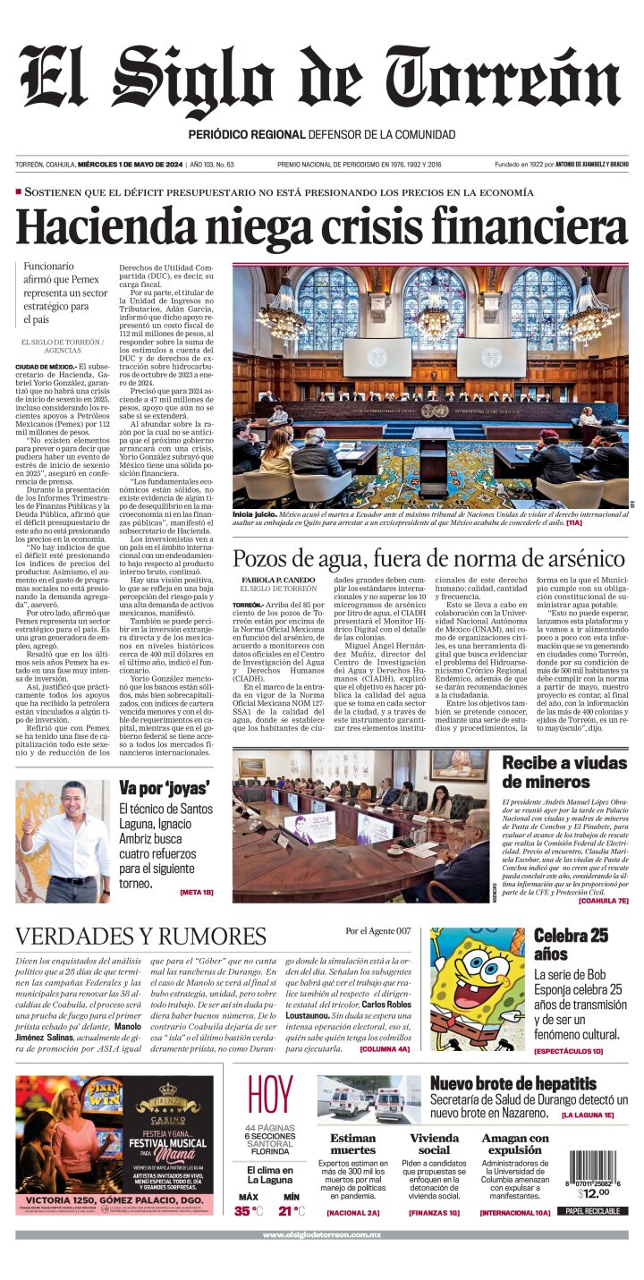 Edición impresa de El Siglo de Torreón, jueves  2 de mayo de 2024