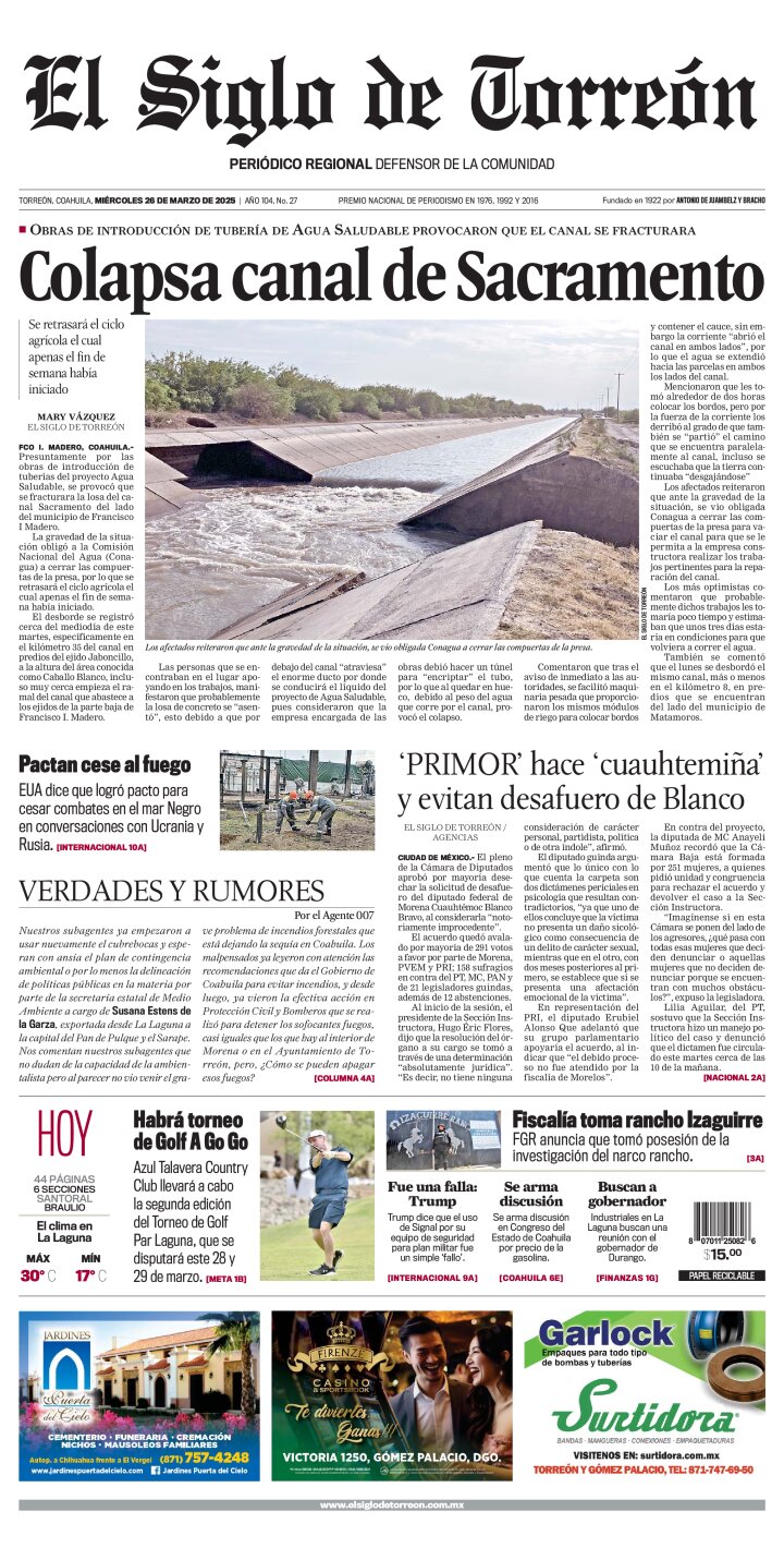 Edición impresa de El Siglo de Torreón, miércoles 26 de marzo de 2025