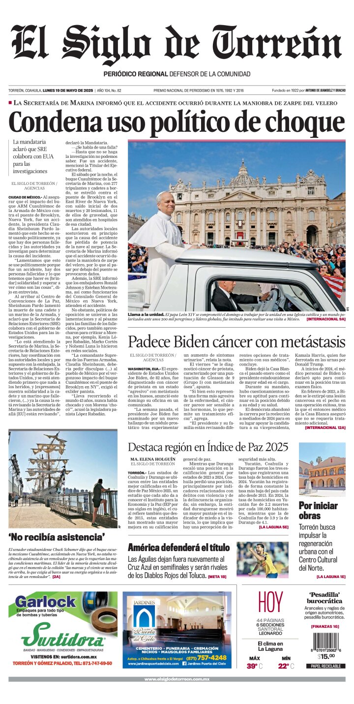 Edición impresa de El Siglo de Torreón, lunes 19 de mayo de 2025
