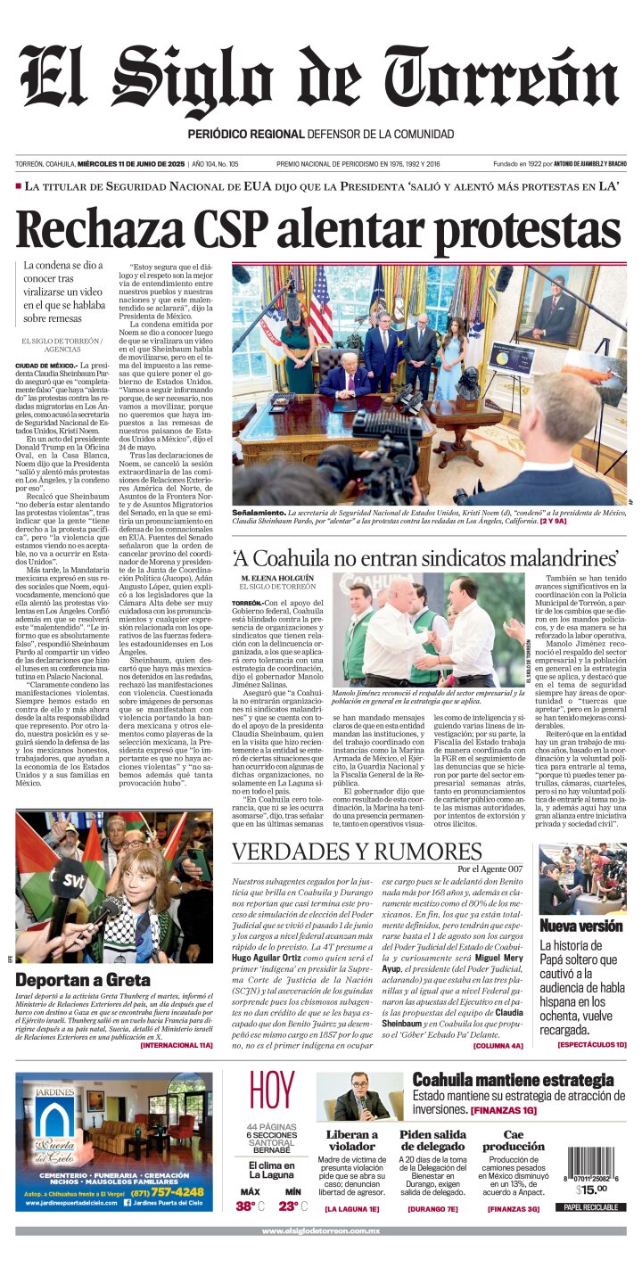 Edición impresa de El Siglo de Torreón, jueves 12 de junio de 2025