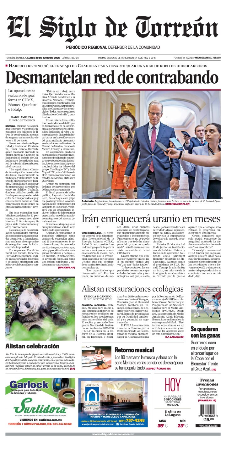 Edición impresa de El Siglo de Torreón, lunes 30 de junio de 2025