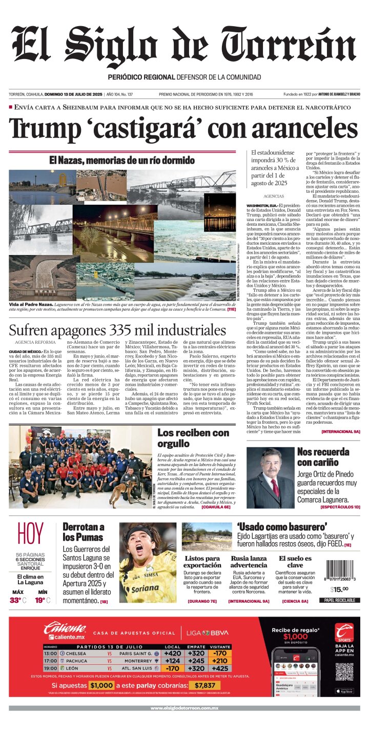 Edición impresa de El Siglo de Torreón, domingo 13 de julio de 2025