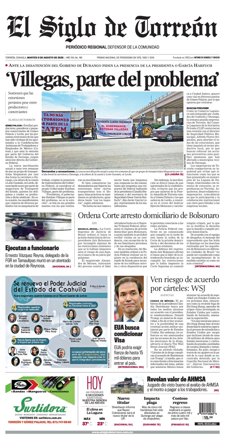 Edición impresa de El Siglo de Torreón, martes  5 de agosto de 2025