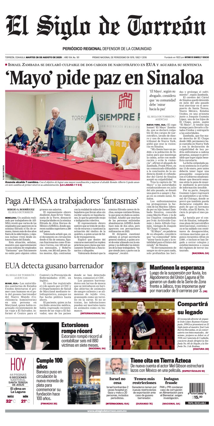 Edición impresa de El Siglo de Torreón, martes 26 de agosto de 2025
