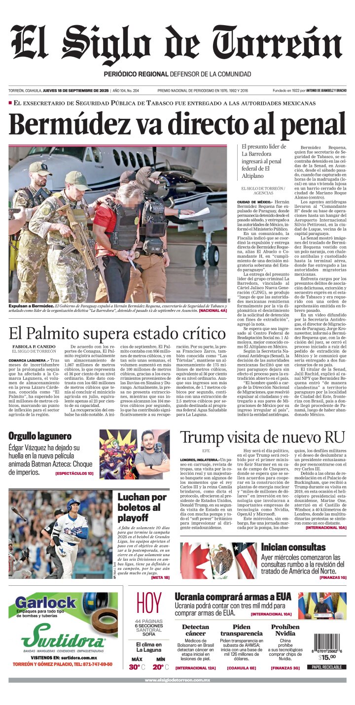 Edición impresa de El Siglo de Torreón, jueves 18 de septiembre de 2025