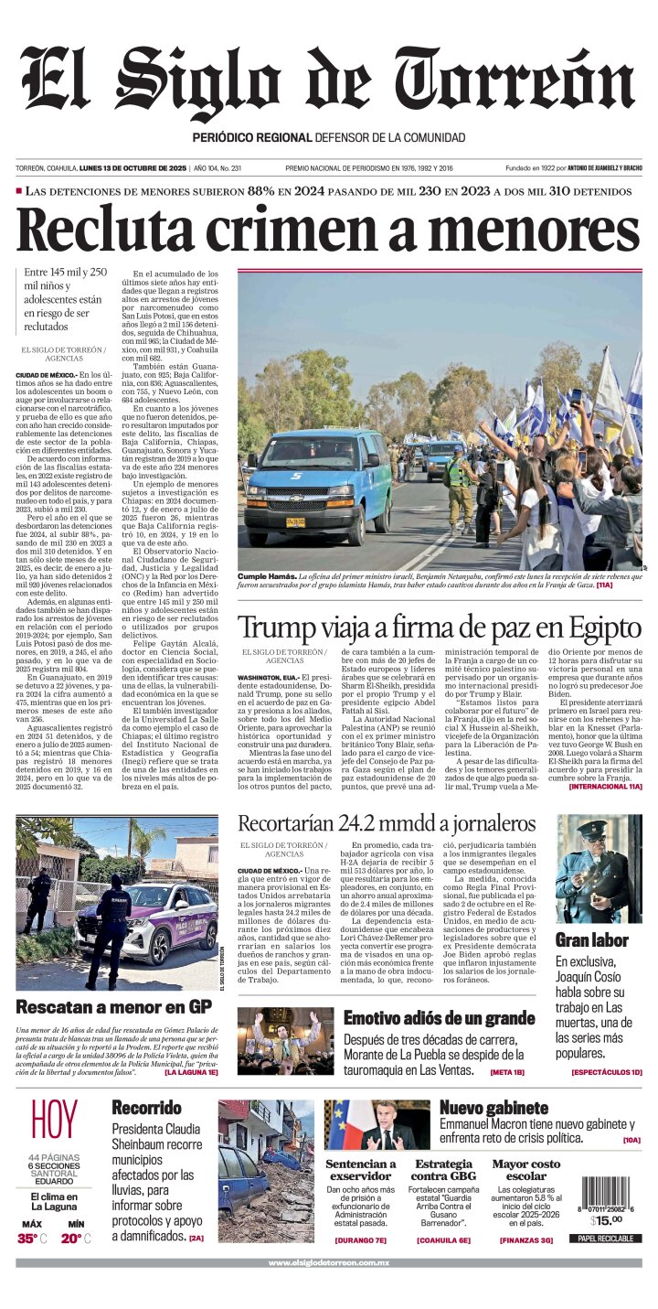 Edición impresa de El Siglo de Torreón, lunes 13 de octubre de 2025