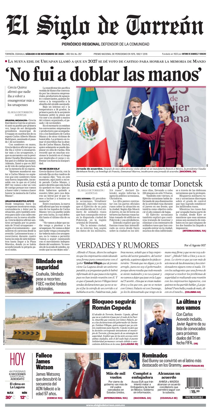 Edición impresa de El Siglo de Torreón, sábado  8 de noviembre de 2025