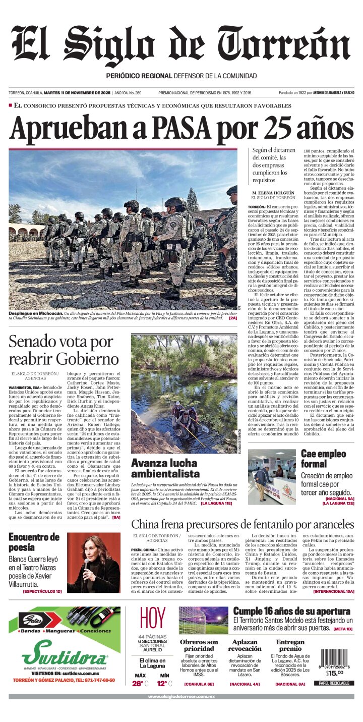 Edición impresa de El Siglo de Torreón, miércoles 12 de noviembre de 2025