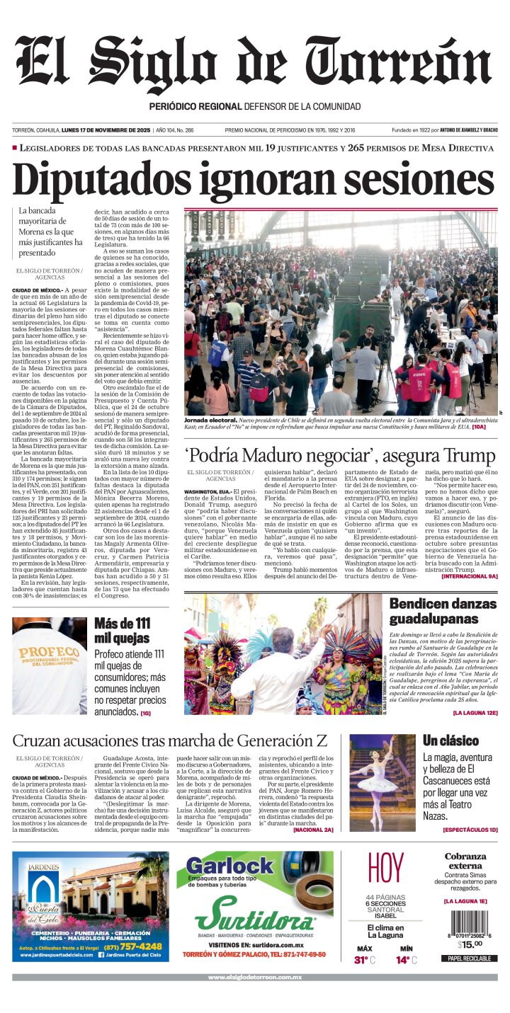 Edición impresa de El Siglo de Torreón, martes 18 de noviembre de 2025