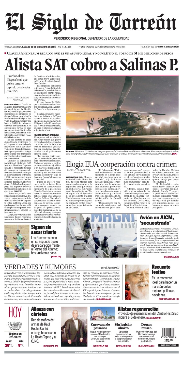 Edición impresa de El Siglo de Torreón, sábado 20 de diciembre de 2025