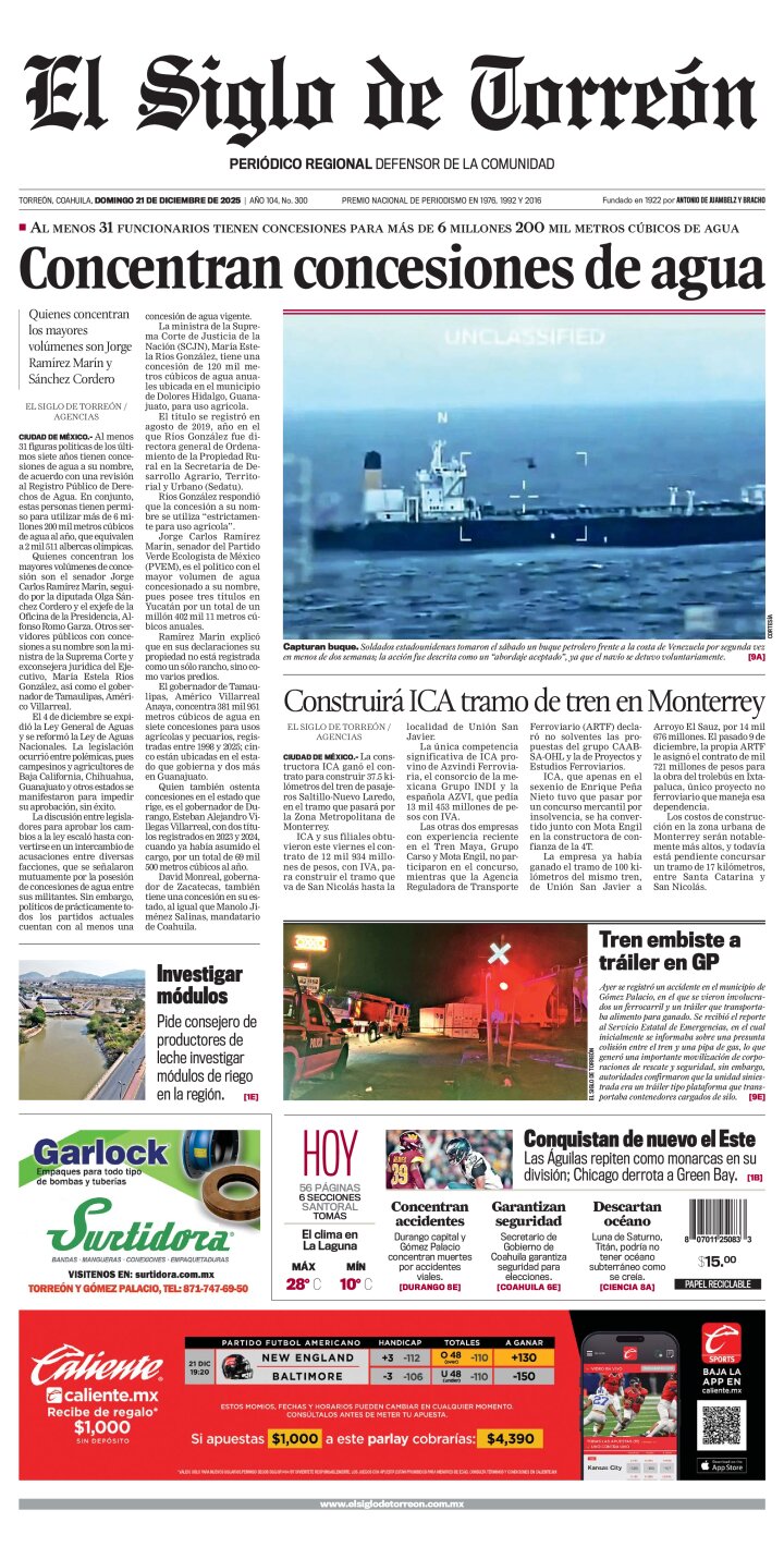 Edición impresa de El Siglo de Torreón, lunes 22 de diciembre de 2025