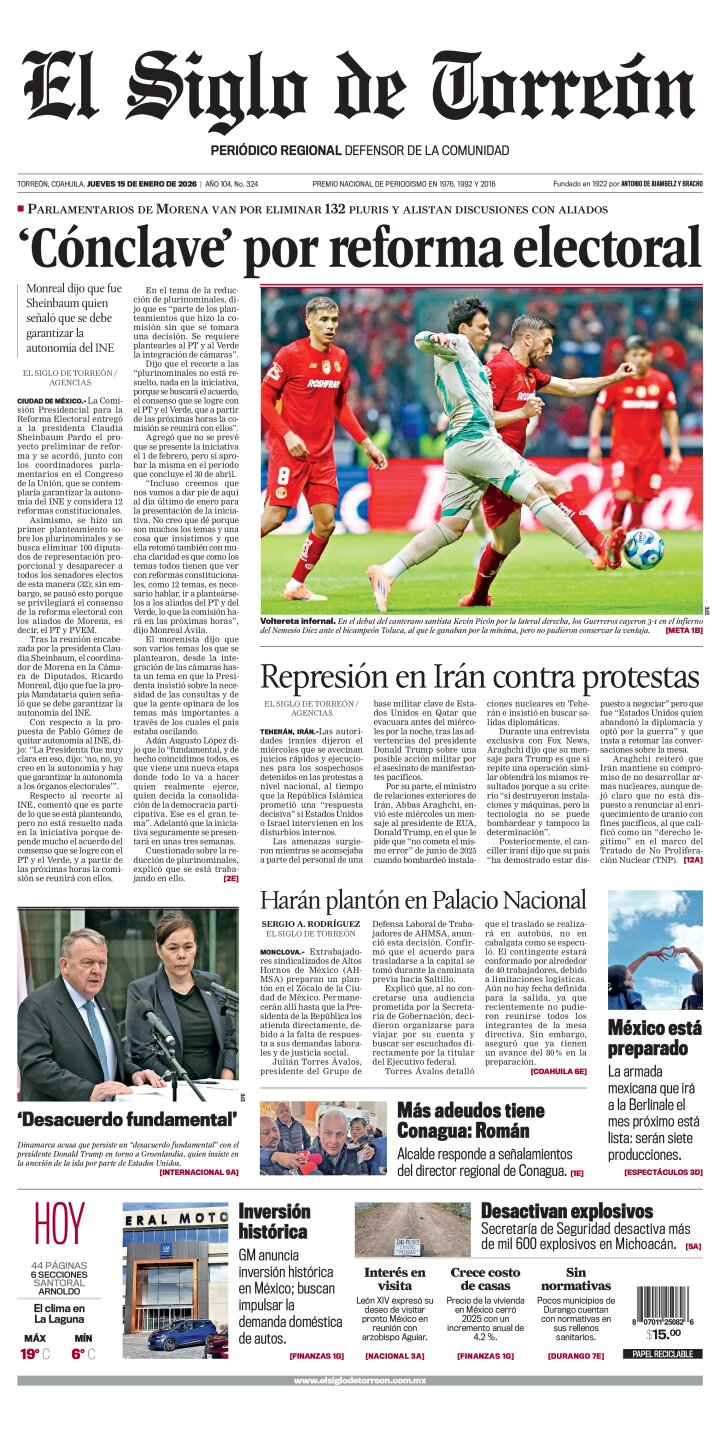 Edición impresa de El Siglo de Torreón, jueves 15 de enero de 2026