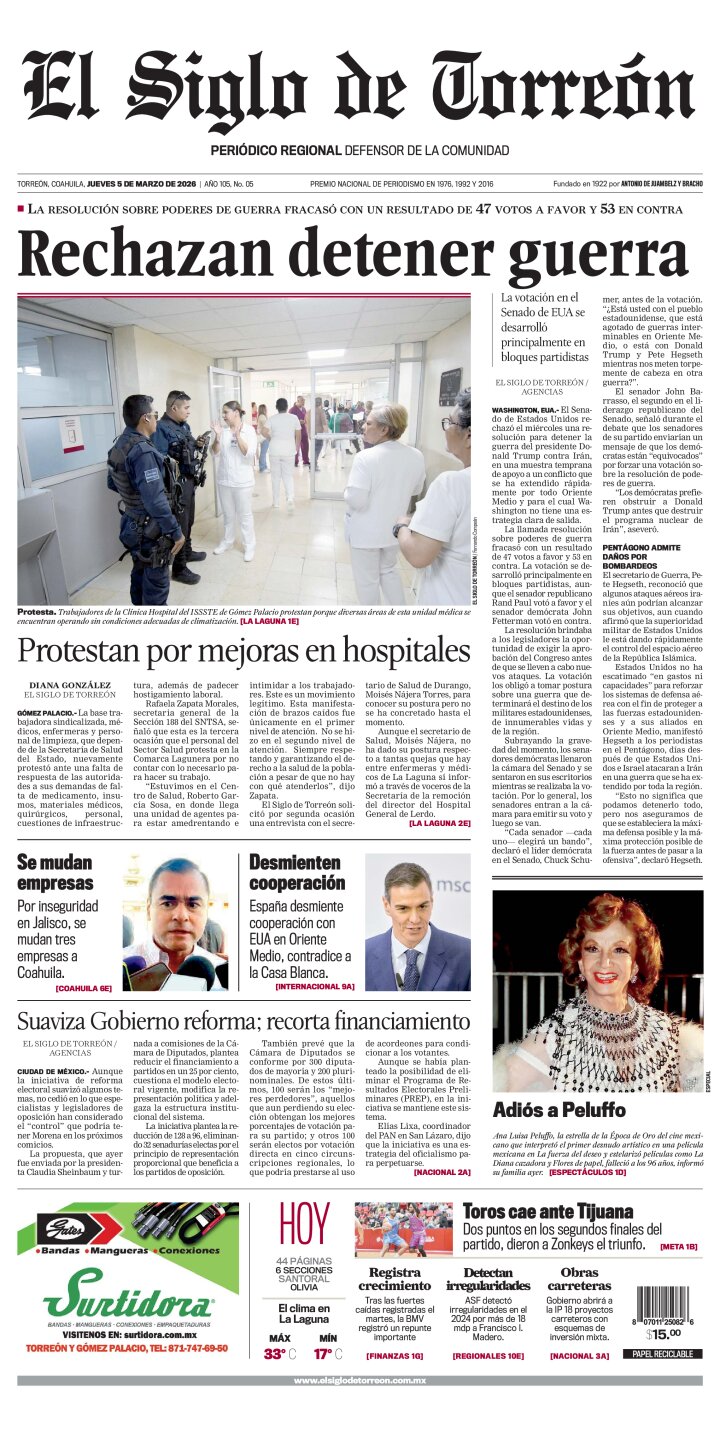 Edición impresa de El Siglo de Torreón, viernes  6 de marzo de 2026