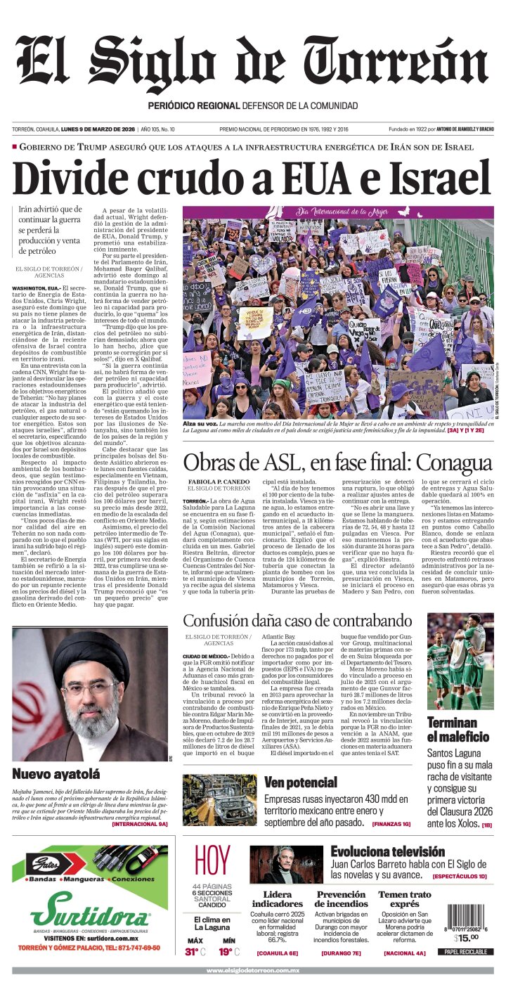 Edición impresa de El Siglo de Torreón, lunes  9 de marzo de 2026