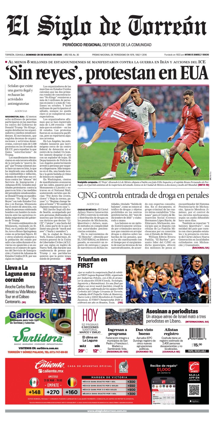 Edición impresa de El Siglo de Torreón, domingo 29 de marzo de 2026