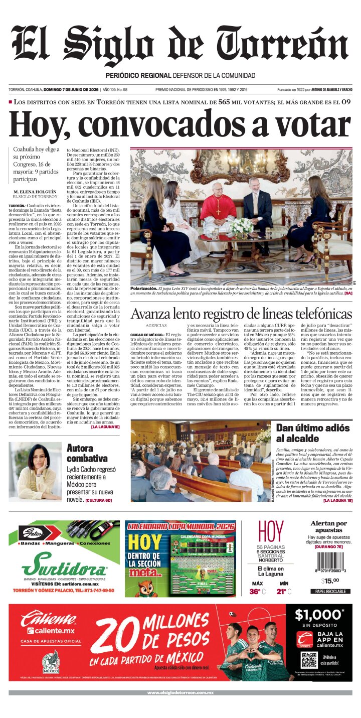 Edición impresa de El Siglo de Torreón, domingo  7 de junio de 2026
