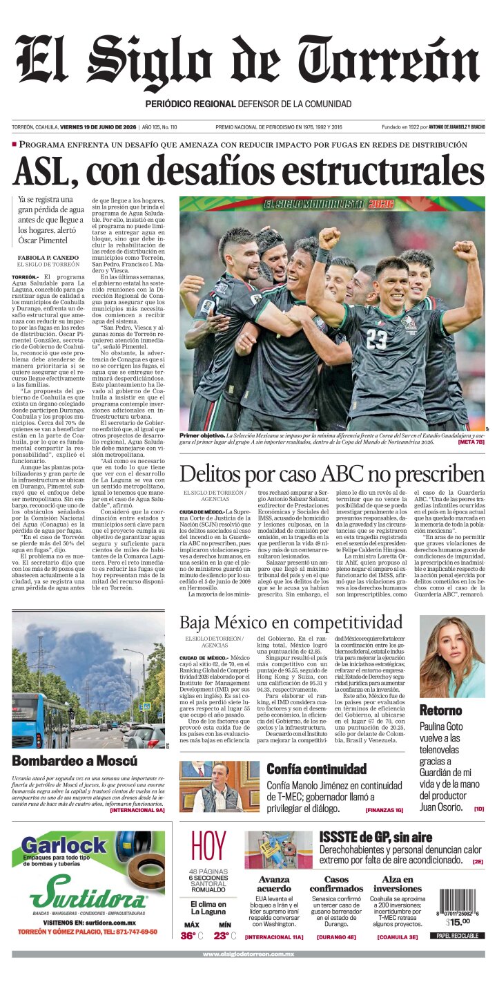 Edición impresa de El Siglo de Torreón, viernes 19 de junio de 2026