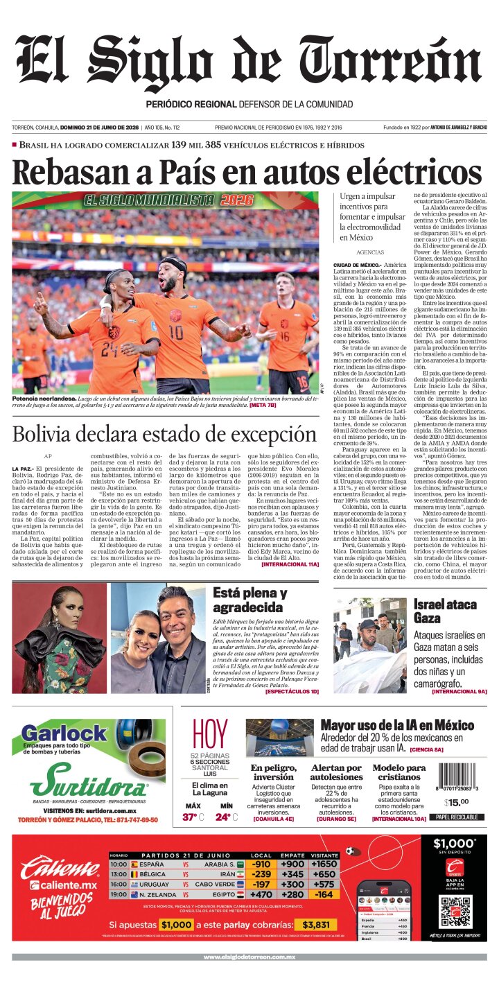 Edición impresa de El Siglo de Torreón, lunes 22 de junio de 2026