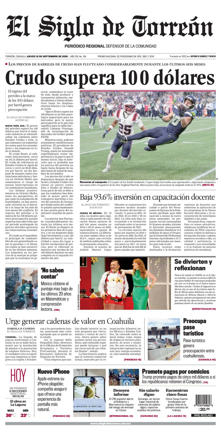 Edición impresa de El Siglo de Torreón, jueves 10 de septiembre de 2026