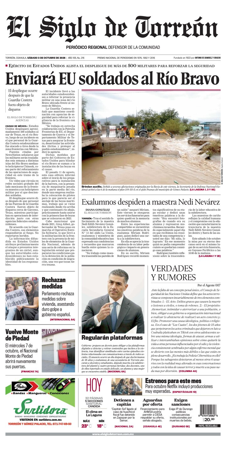 Edición impresa de El Siglo de Torreón, sábado  3 de octubre de 2026