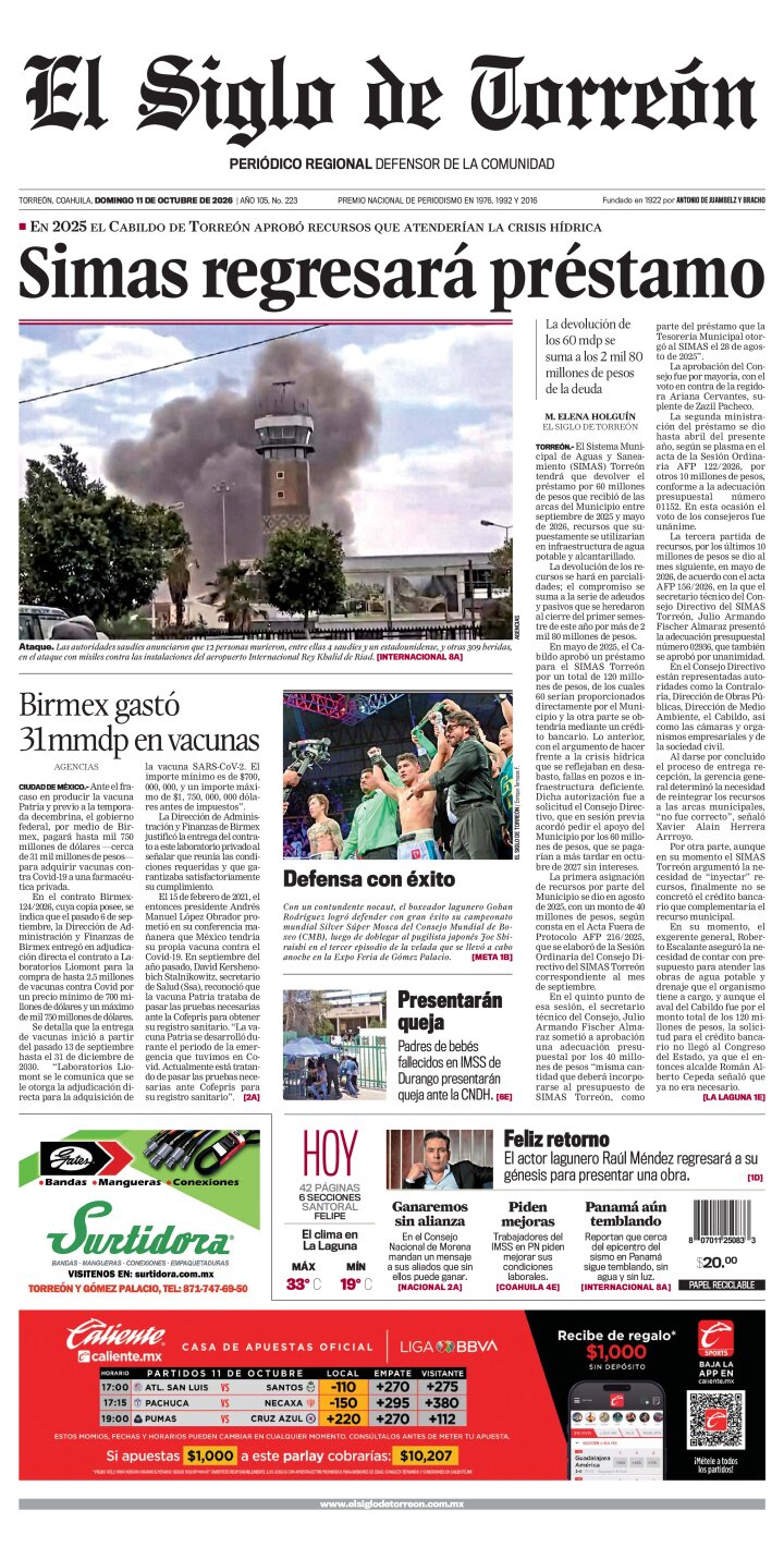 Edición impresa de El Siglo de Torreón, domingo 11 de octubre de 2026